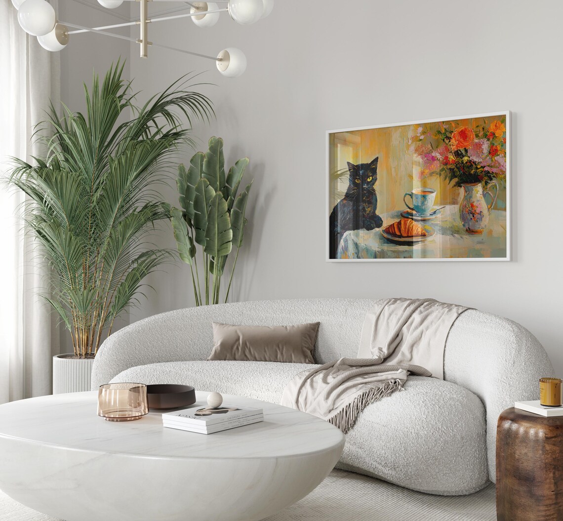 Cafe Croissant Cat Oil Painting Print, Kitchen Poster - Image 3
