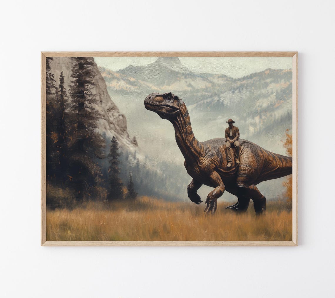 Vintage Dinosaur Cowboy Oil Painting Print Western Jurassic Dinosaur Print Gift For Him Funny Print Vdc15