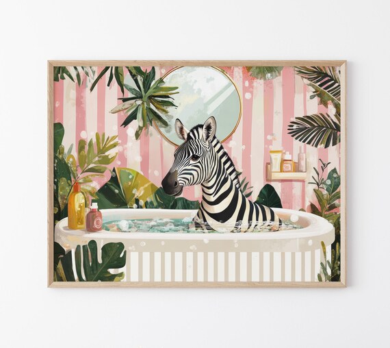 Zebra in a Bubble Bath With Pink Striped Wallpaper Tropical Poster