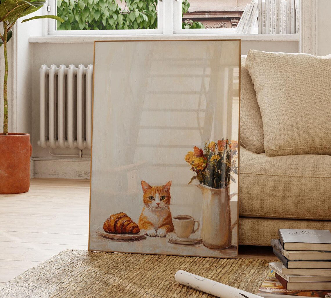 Orange Tabby Cat at Parisian Cafe with Croissant Coffee Print - Image 4