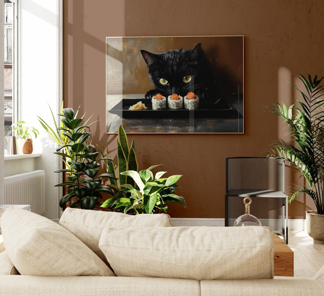 Black Cat Sushi Oil Painting Print Tokyo Art Print Oishii Cat Print Delicious Japanese Food Art Kitchen Wall Art Sushi Art Bcs6 - Image 2