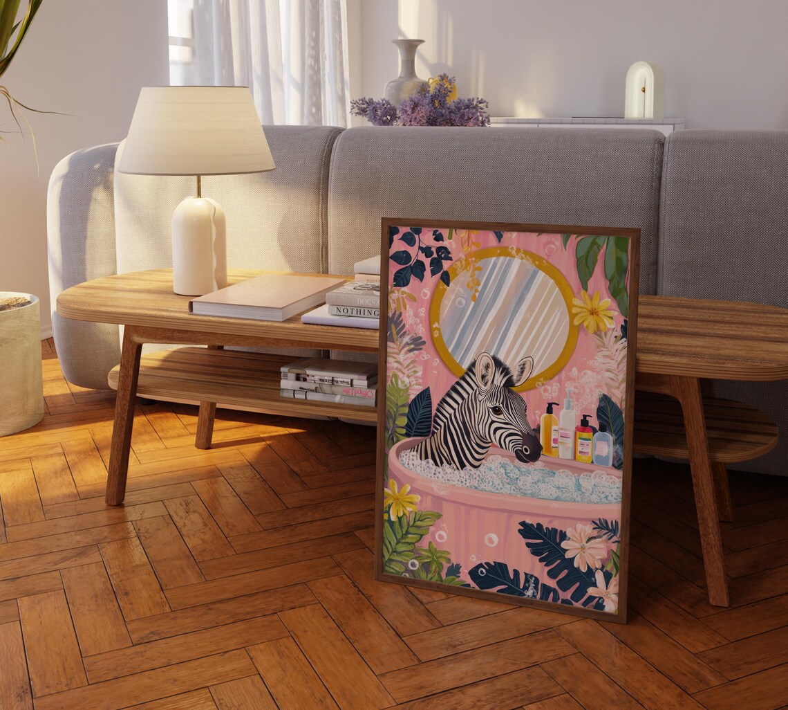 Zebra Relaxing in a Pink Bathtub With a Round Mirror Bathroom Poster - Image 2