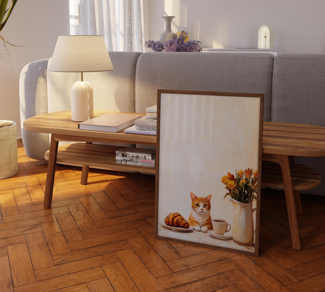 Orange Tabby Cat at Parisian Cafe with Croissant Coffee Print - Image 2