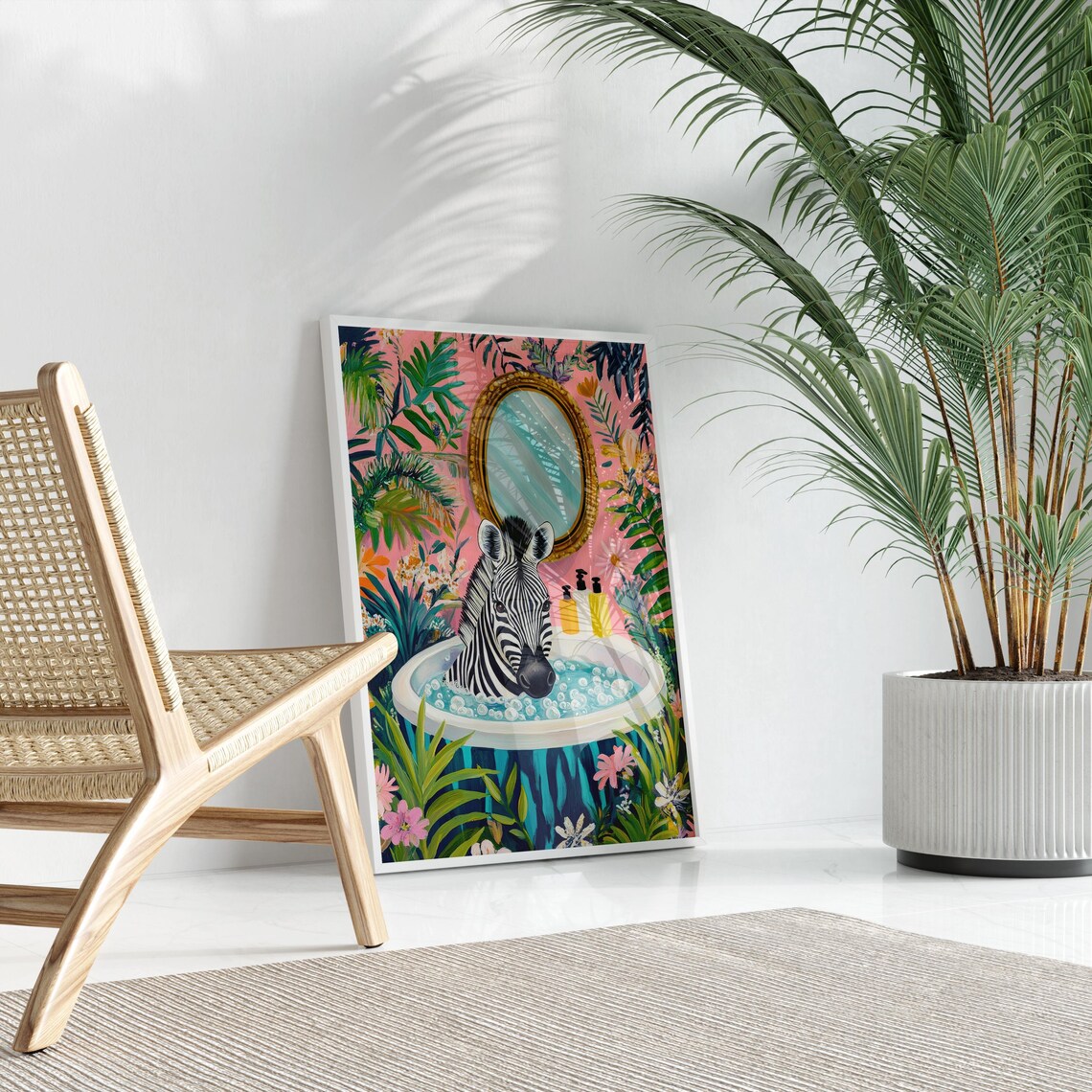 Zebra in a Bubble Bath Under a Gilded Gold Mirror Pink Floral Poster - Image 3