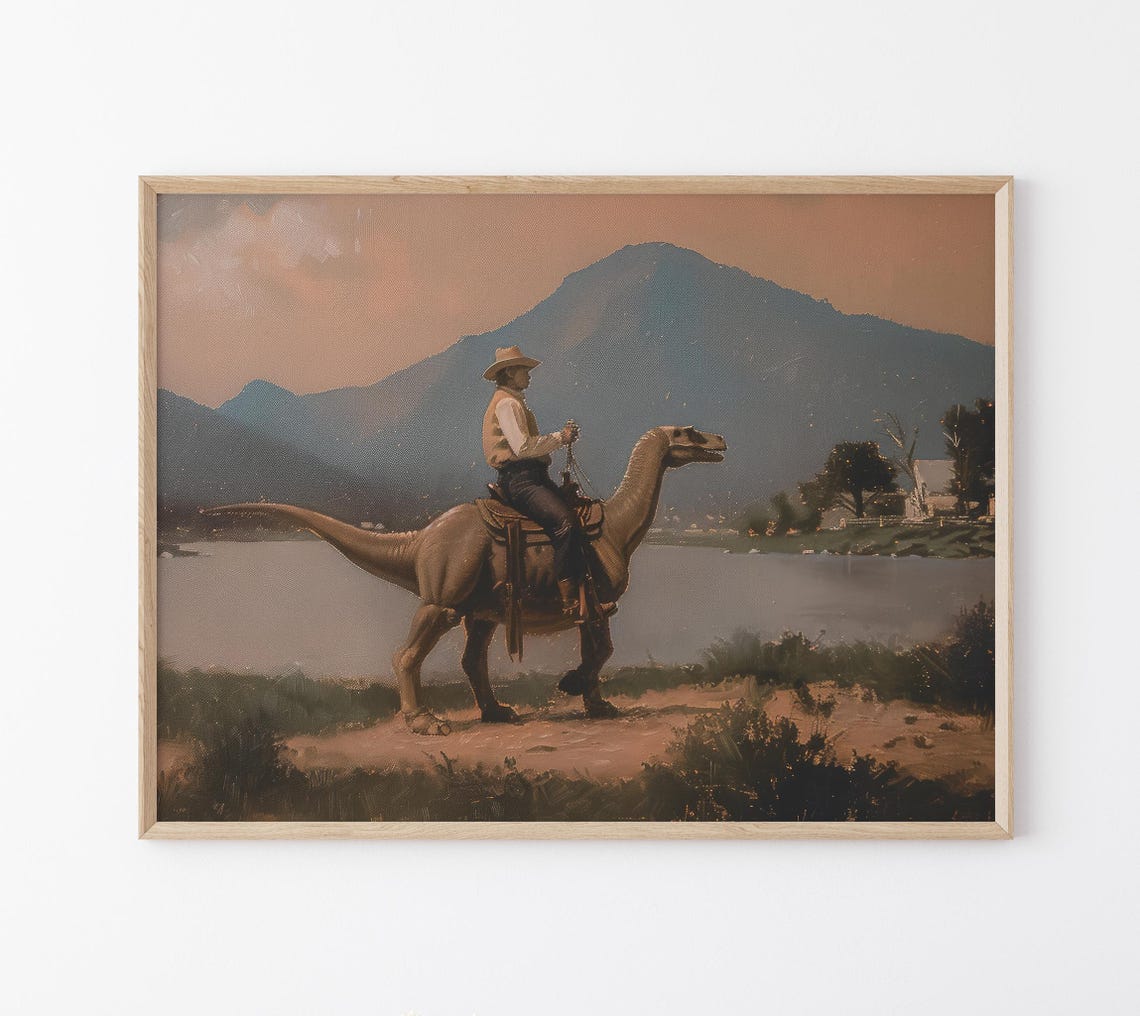 Vintage Dinosaur Cowboy Oil Painting Print Western Jurassic Dinosaur Print Gift For Him Funny Print Vdc13