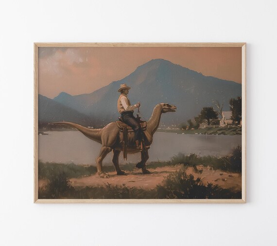 Vintage Dinosaur Cowboy Oil Painting Print Western Jurassic Dinosaur Print Gift For Him Funny Print Vdc13