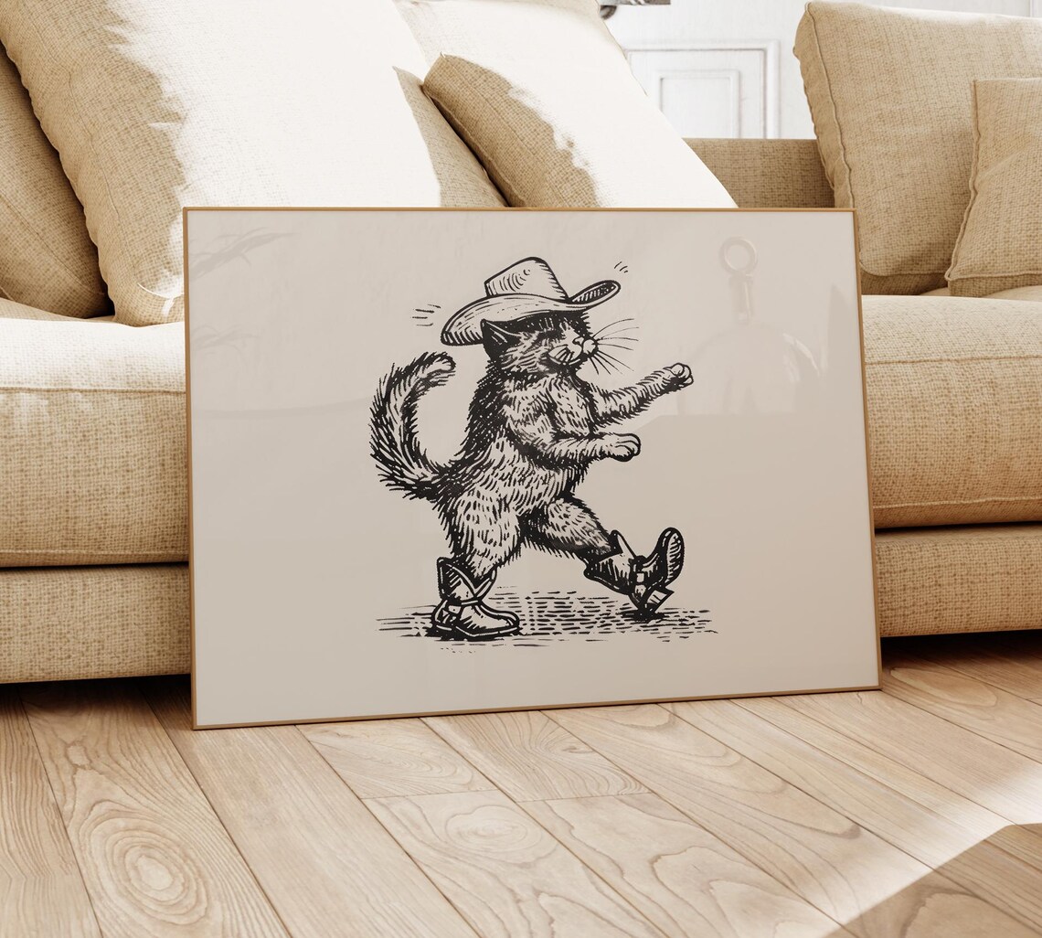 Marching Cowboy Cat Walking Sketch Western Boots And Hat Poster - Image 4