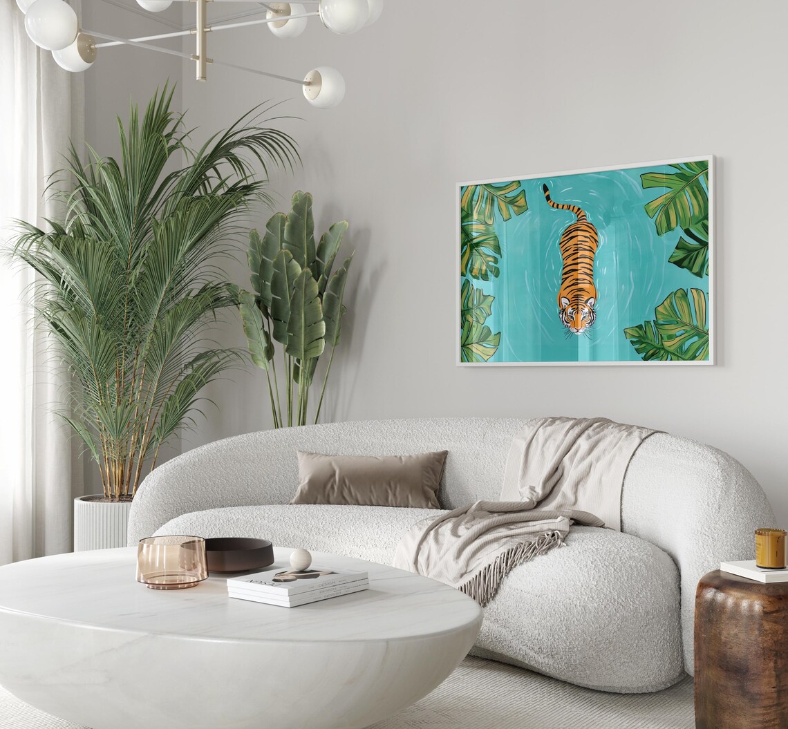 Tiger Swimming in Turquoise Water With Monstera Leaves Poster - Image 3