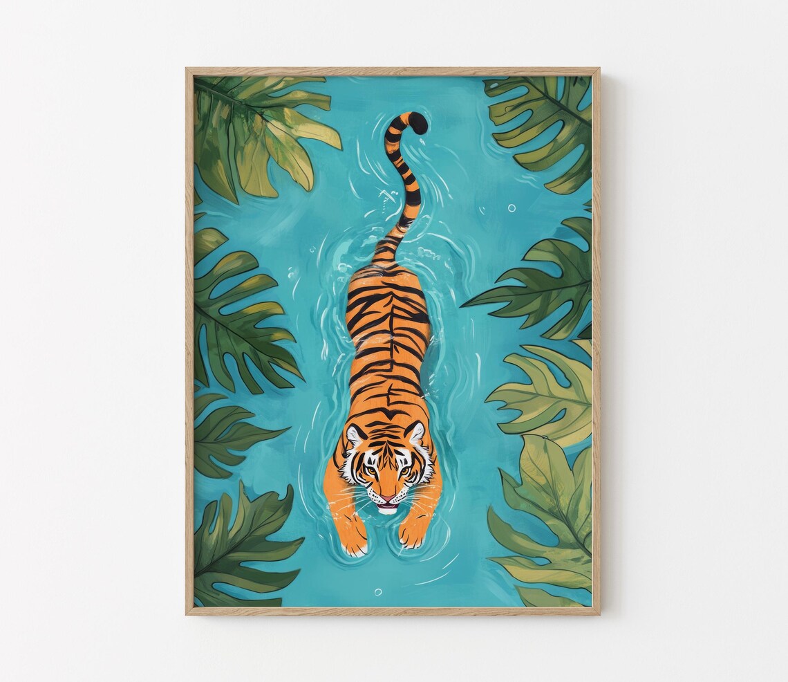Tiger Swimming Down a Turquoise River Monstera Leaves Poster