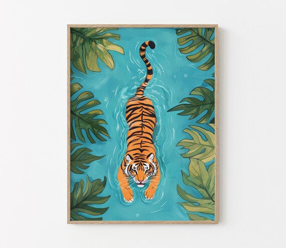 Tiger Swimming Down a Turquoise River Monstera Leaves Poster