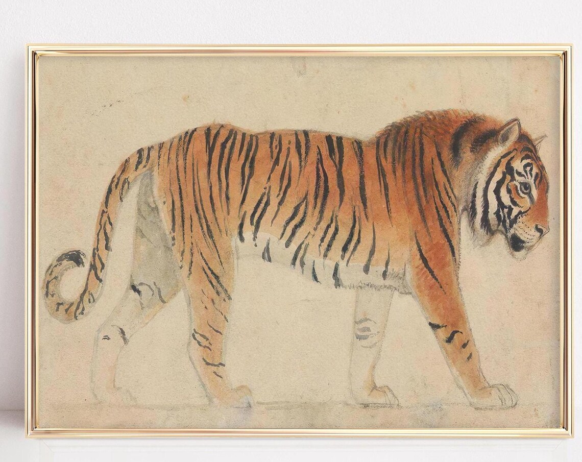 Vintage Tiger Art Print, Neutral Wildlife Decor