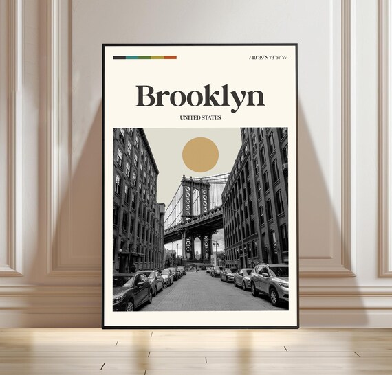 Brooklyn New York Manhattan Bridge Beige Sun Vintage Travel Poster