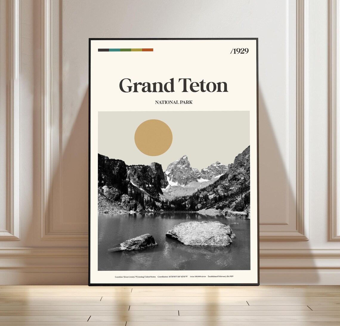 Grand Teton National Park Wyoming Mountain Lake Vintage Travel Poster