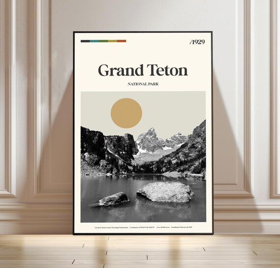 Grand Teton National Park Wyoming Mountain Lake Vintage Travel Poster
