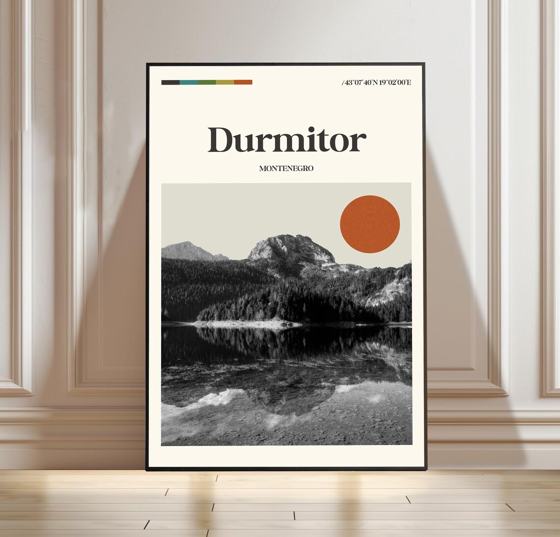 Durmitor Montenegro Black and White Mountain Lake Travel Poster