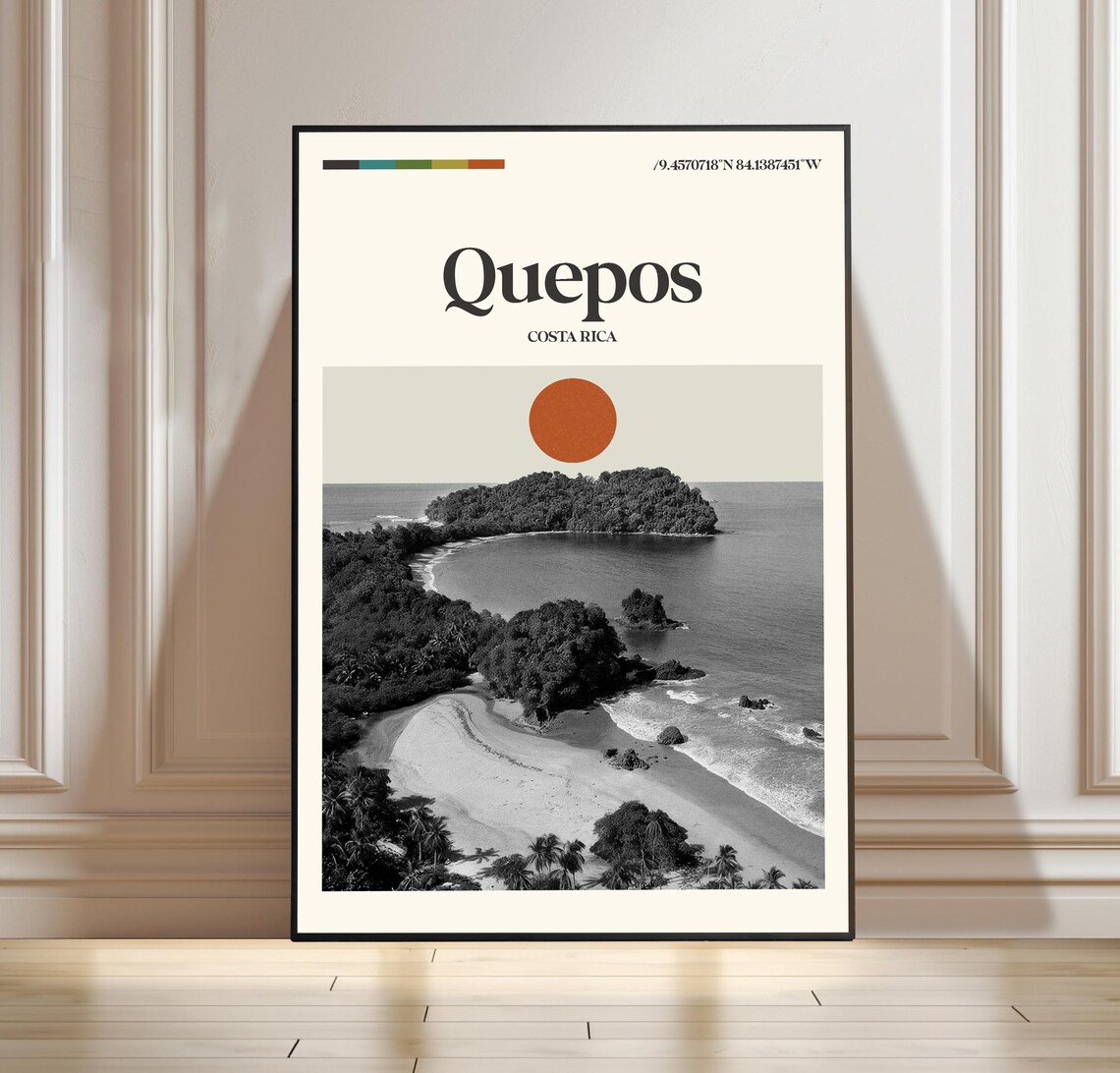 Quepos Costa Rica Minimalist Black White Pacific Beach Travel Poster