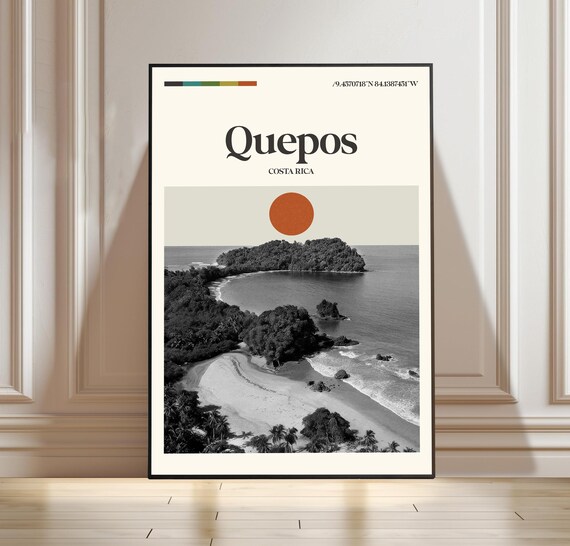 Quepos Costa Rica Minimalist Black White Pacific Beach Travel Poster