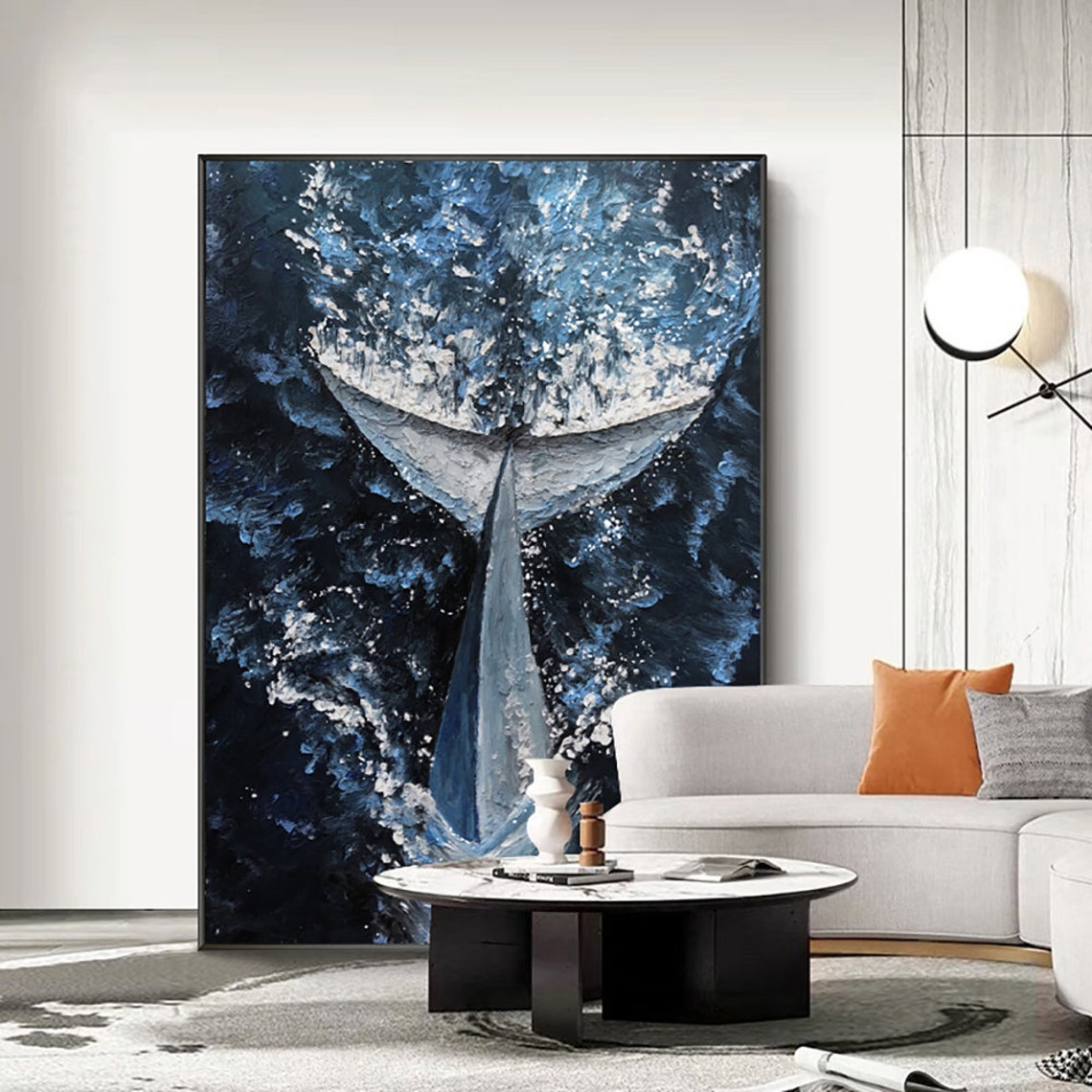 Blue Whale Tail Diving Deep Ocean 3D Impasto Oil Painting Wall Art - Image 5
