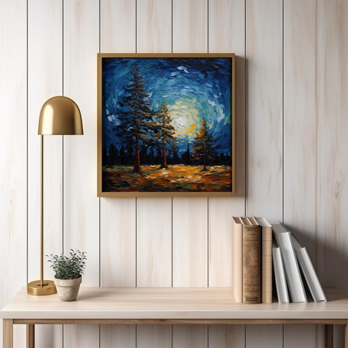 Forest Night Print Square Night Sky Oil Painting Full Moon Pine Tree Wall Art Moonlit Sky Rustic Cabin Decor Mountain Home Artwork - Image 5