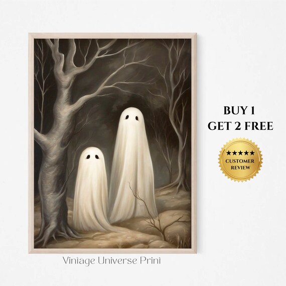 Ghosts In The Moody Forest Vintage Oil Painting Spooky Ghost Art Print Dark Ghost Painting Ghost Spooky Wall Decor Halloween