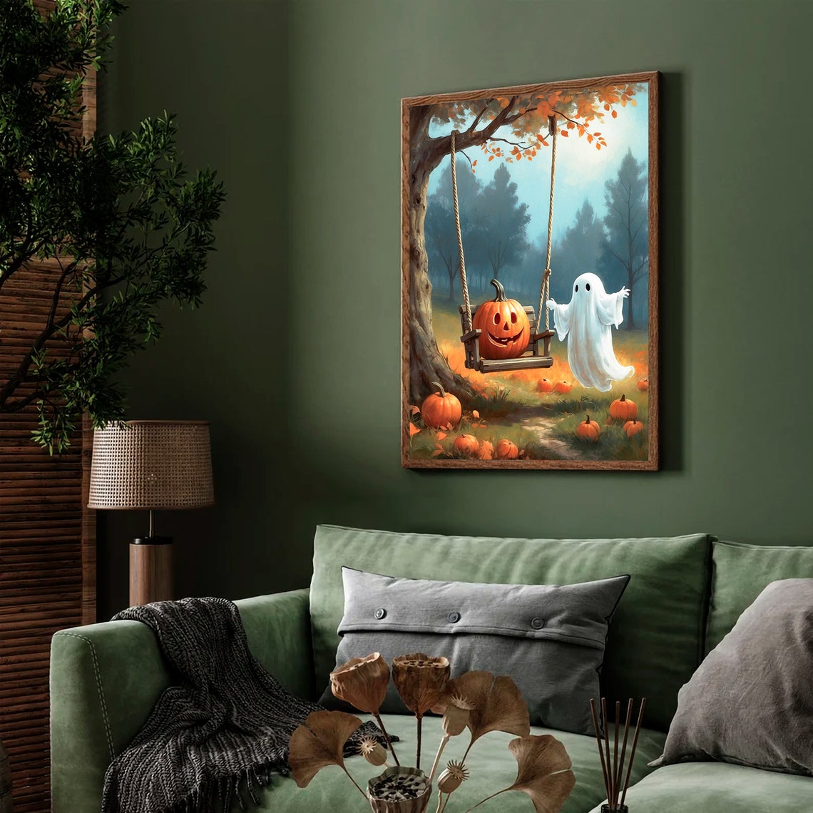 Ghost Pushing Pumpkin on Tree Swing Autumn Halloween Scene Print - Image 2
