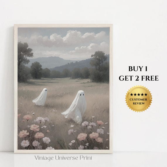 Cute Ghost In Flower Meadow Landscape Painting Ghost Romantic Print Farmhouse Vintage Print Spooky Decor Wall Art Halloween