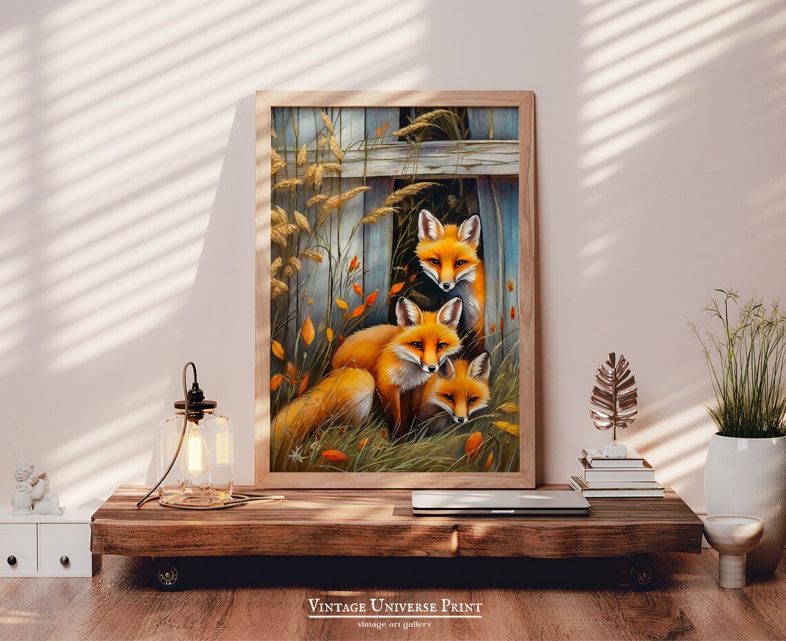 Red Fox Family In Autumn Grass By A Weathered Wooden Fence Print - Image 5