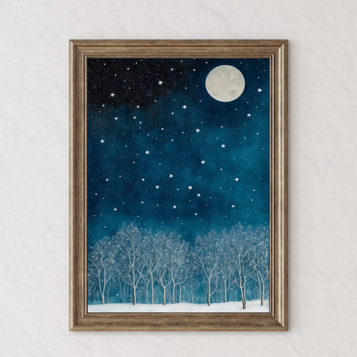 Starry Night Sky with Full Moon Over Snowy Frosted Forest Poster - Image 4