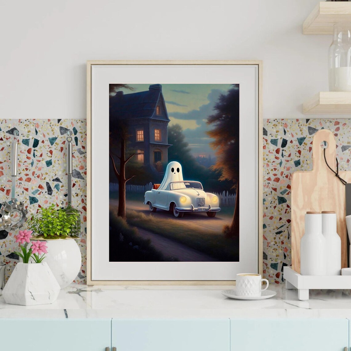 Ghost Driving A Vintage Convertible Past A Haunted House At Dusk Poster - Image 5