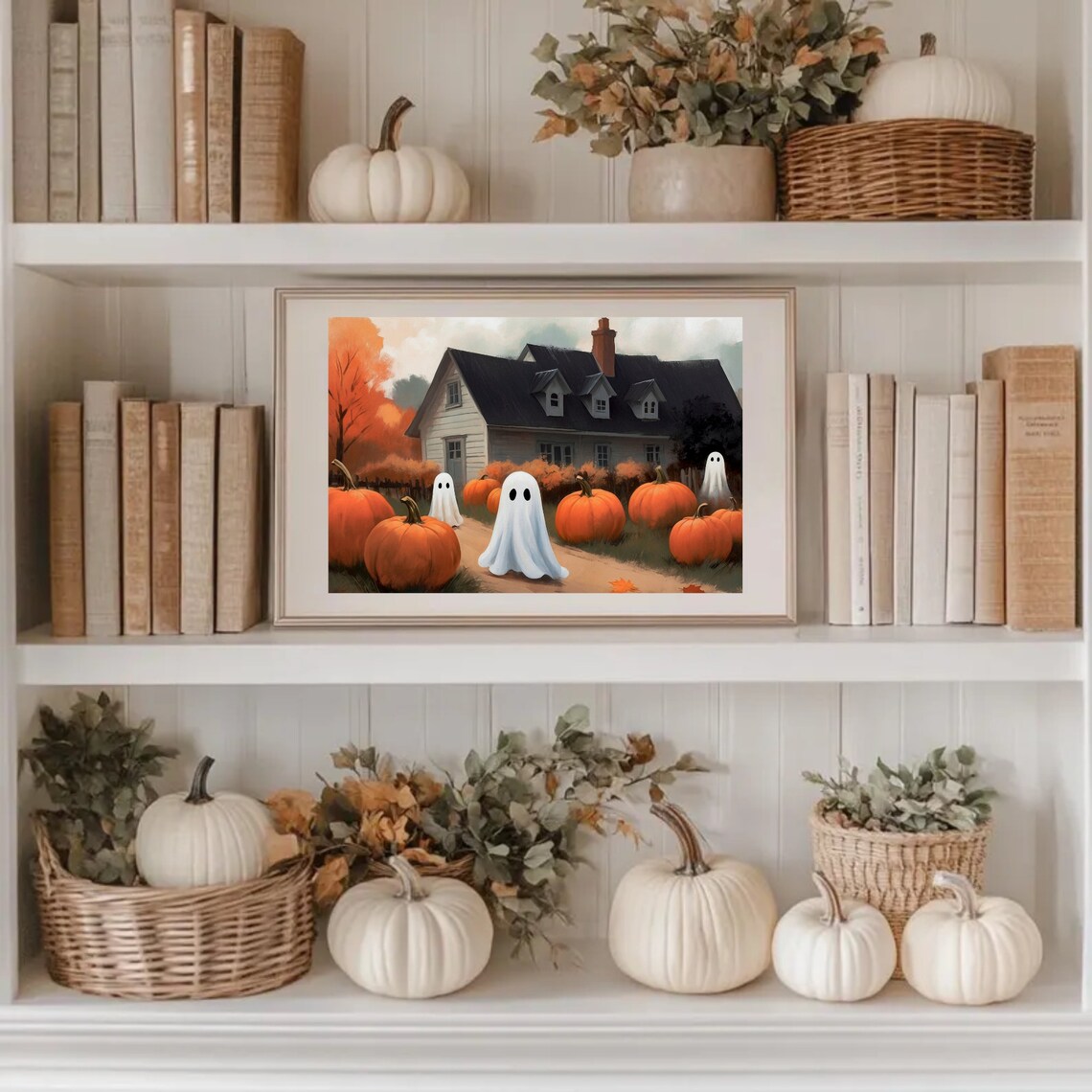Cute Ghosts Gathering Pumpkins At A Spooky Autumn Farmhouse Halloween Art Poster - Image 3