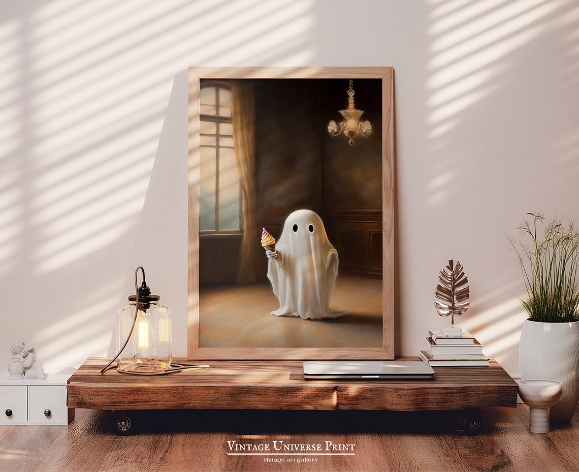 Cute Ghost Holding Candle Painting Little Ghost Print Spooky Dark Halloween Wall Decor Cute Ghost Painting Moody Decor - Image 2