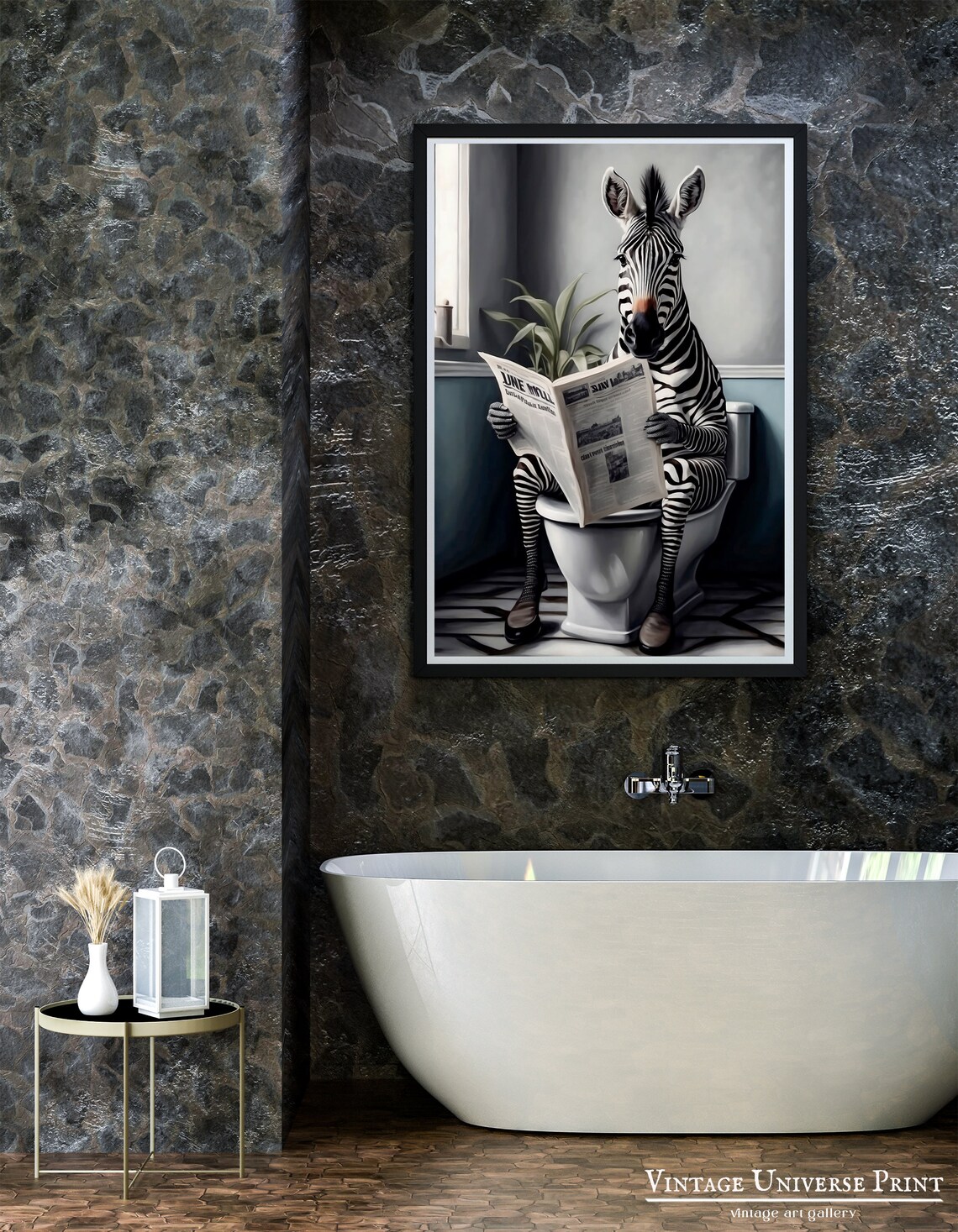 Zebra Sitting on a Toilet Reading the Newspaper Funny Bathroom Wall Art - Image 2