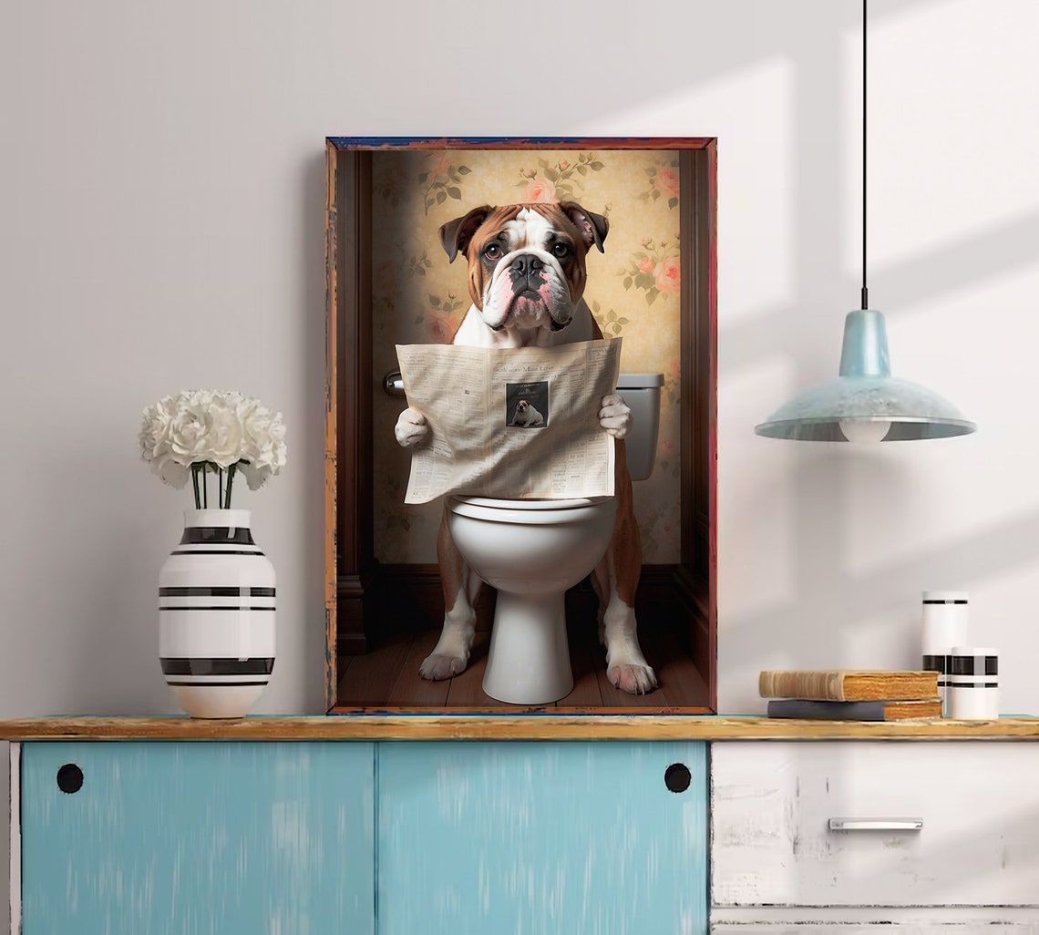 English Bulldog Reading A Newspaper On The Toilet Dog Poster - Image 3
