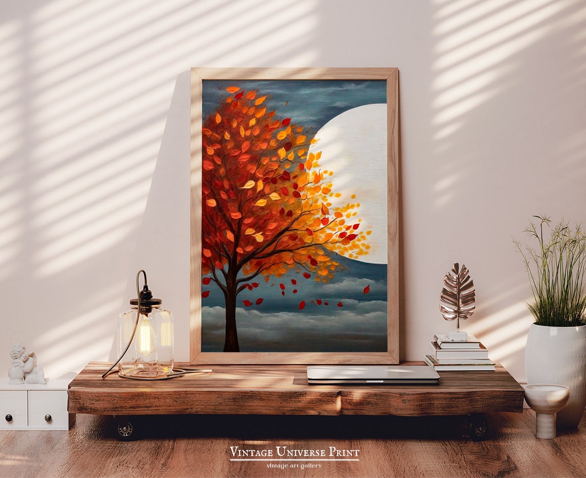 Autumn Tree With Fiery Orange Leaves Before A Full Moon Wall Art - Image 5