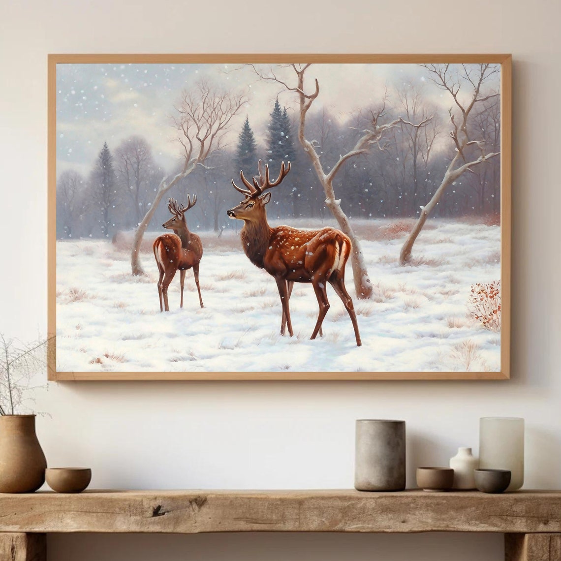 Two Deer Winter Forest Falling Snow Vintage Wildlife Landscape Poster - Image 2