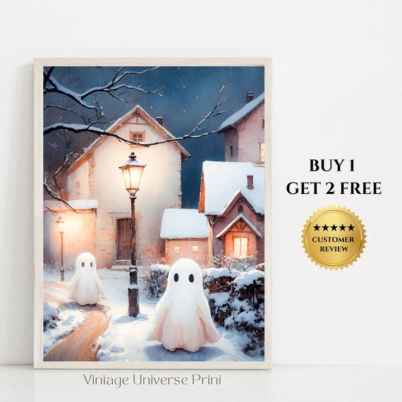 Cute Ghosts In The Winter Village Painting Christmas Village Art Moody Snowy Landscape Print Winter House Print Ghost 29