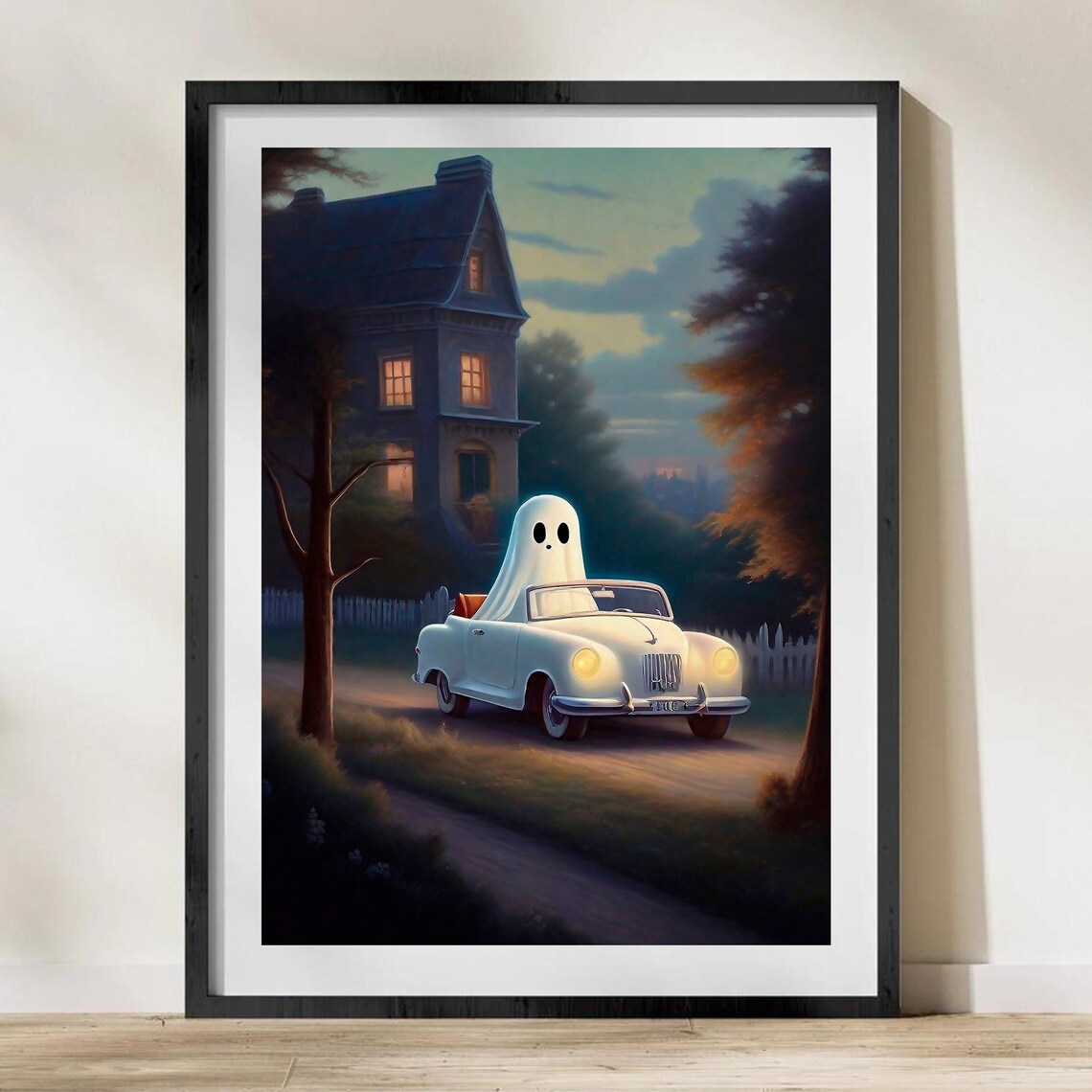 Ghost Driving A Vintage Convertible Past A Haunted House At Dusk Poster - Image 4