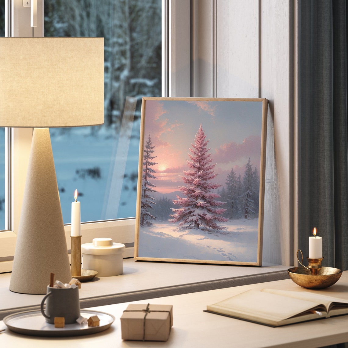 Pink Snowy Pine Tree At Sunset Winter Scene Christmas Poster - Image 4