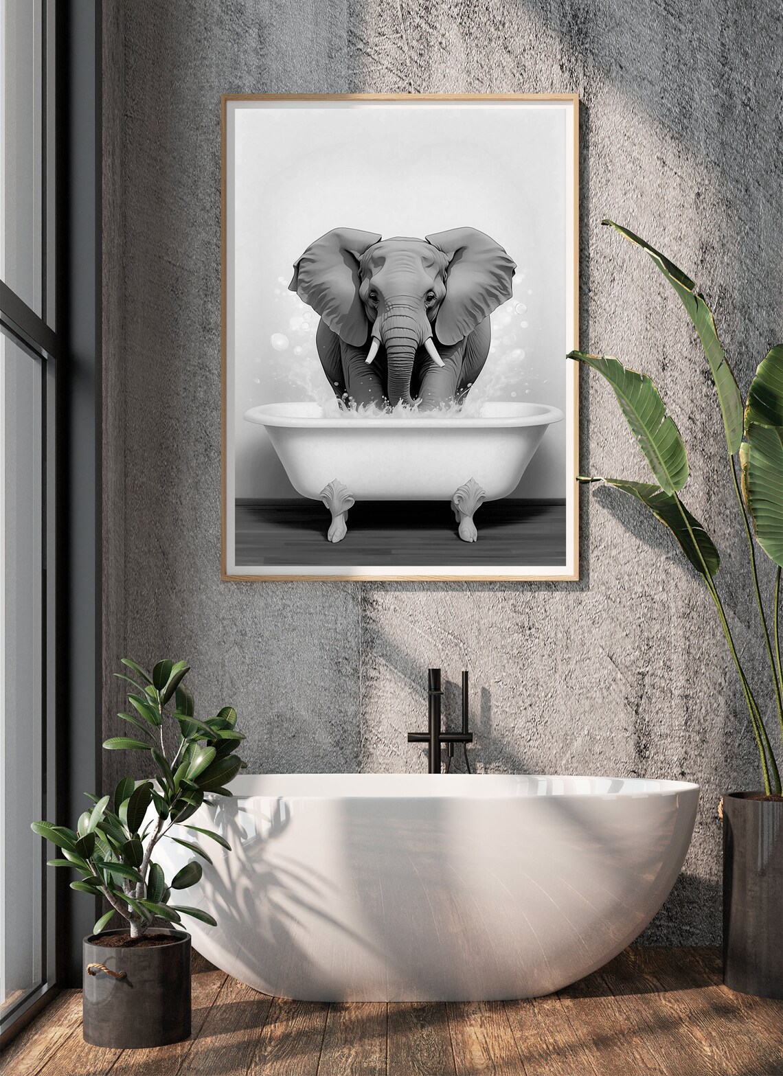 Elephant Splashing In Clawfoot Bathtub Black And White Poster - Image 2