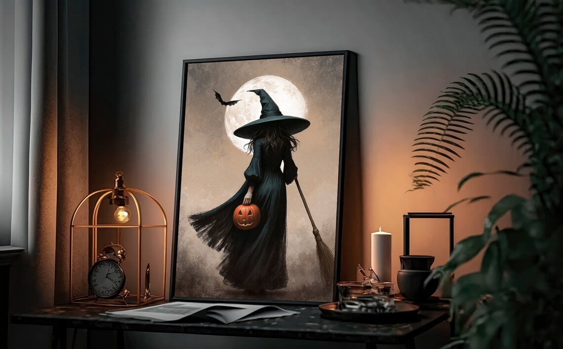 Witch With Broom And Jack O Lantern Before Full Moon Halloween Painting Poster - Image 4