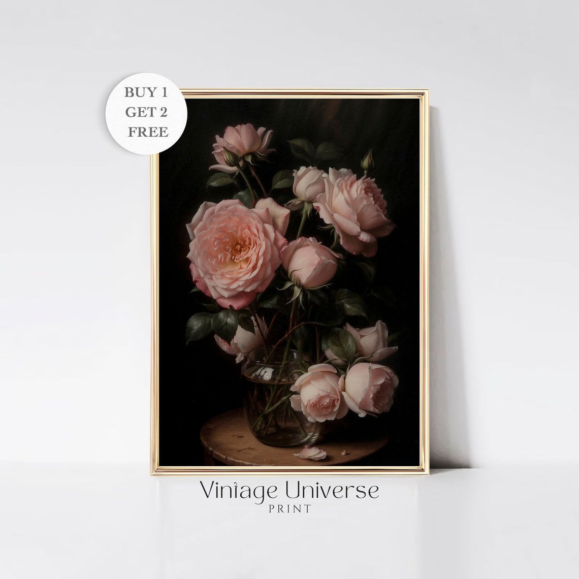 Blush Pink Roses In A Glass Vase On Dark Background Vintage Print