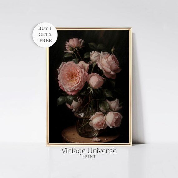 Moody Vintage Roses Print Pink Roses Still Life Oil Painting Roses Wall Art Dark Academia Botanical Moody Dark Flower