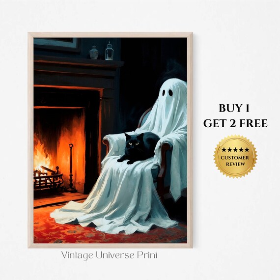 Ghost Cuddling A Black Cat In An Armchair By A Roaring Fireplace Art Print