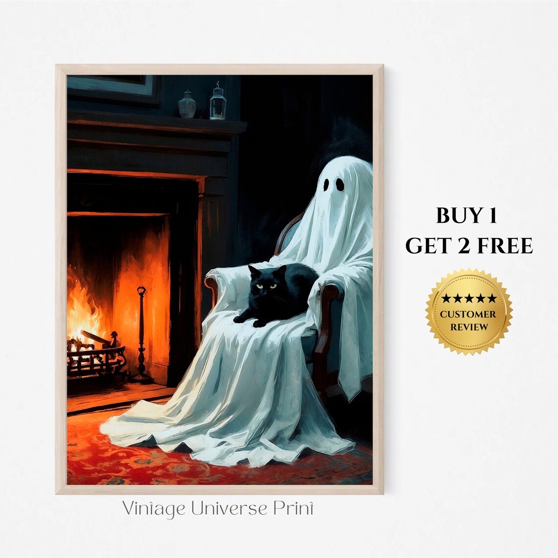 Ghost Cuddling A Black Cat In An Armchair By A Roaring Fireplace Art Print