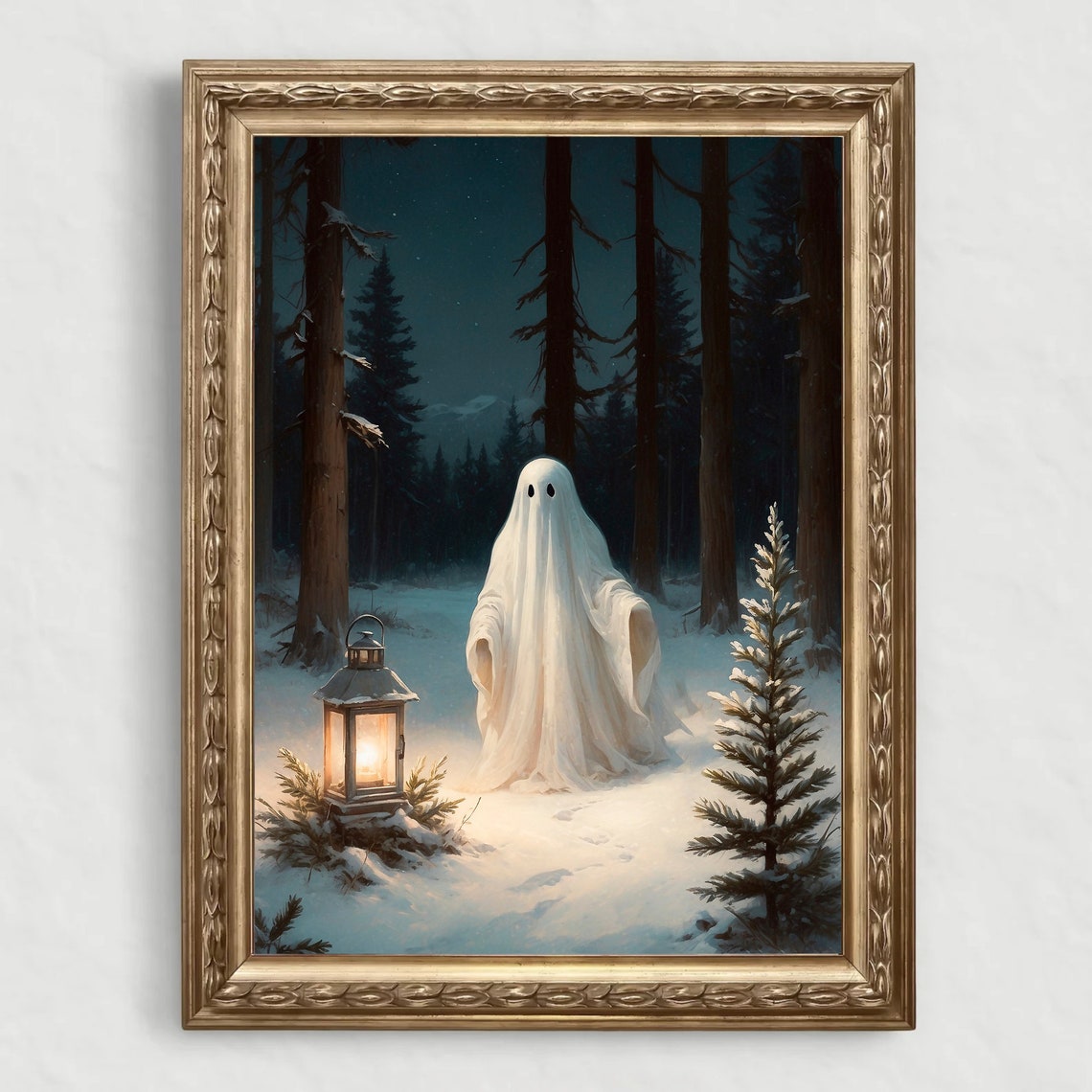 Ghost with Glowing Lantern in Snowy Night Forest Winter Print - Image 4