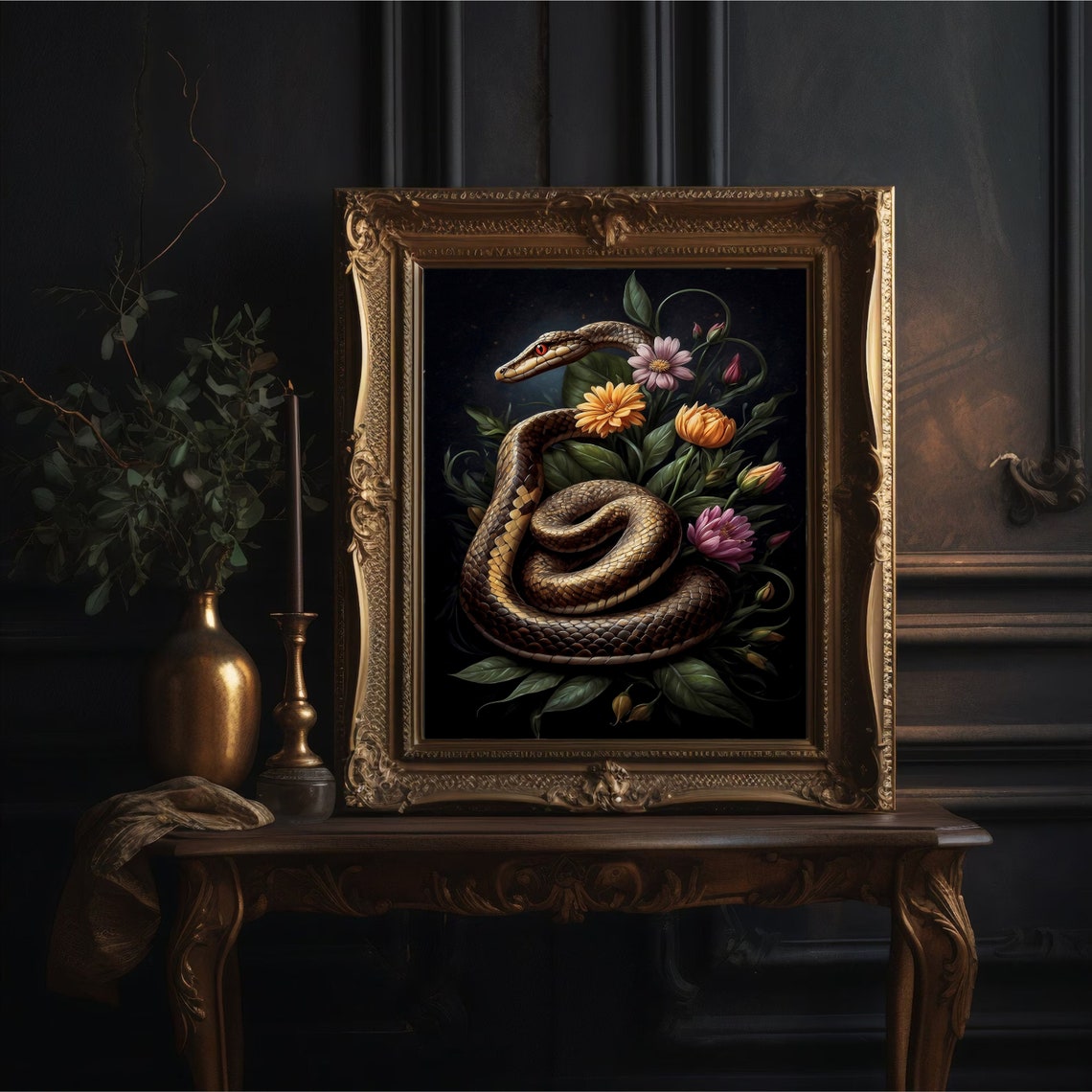 Snake Coiled Among Flowers Dark Antique Oil Painting Wall Art - Image 2