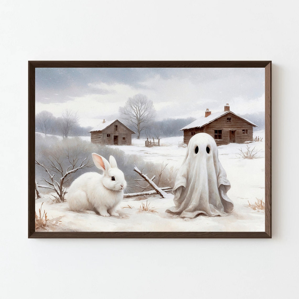 Ghost and White Rabbit Snowy Farmhouse Winter Landscape Print - Image 4