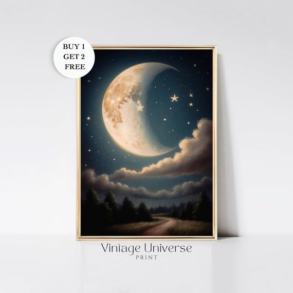 Vintage Painting Of The Moon And Stars Print Celestial Print Gothic Wall Art Art Dark Aesthetic Instant