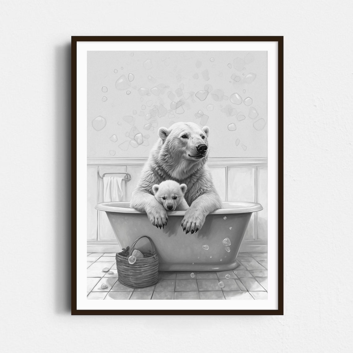 Polar Bear And Cub In A Bubble Bathtub Black And White Poster - Image 4