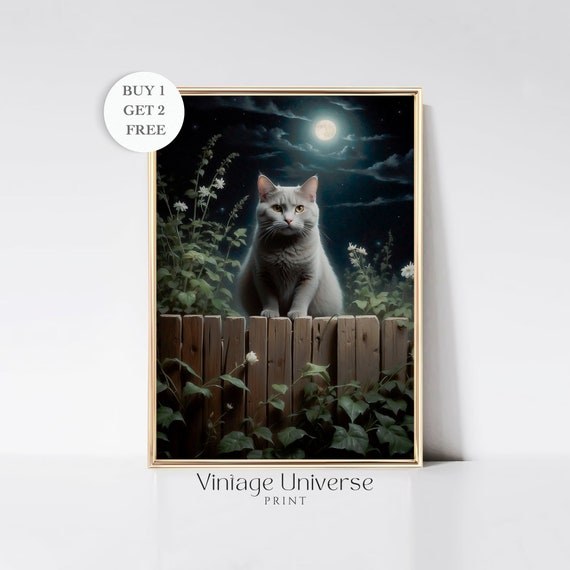 White Cat Under The Moon Vintage Cat Print Dark Cottagecore Artwork Dark Academia Witchy Room Decor Moody Art Art Print